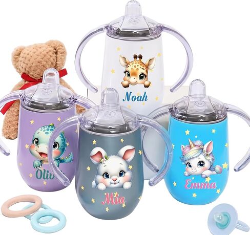 Personalized Insulated Sippy Cup for Toddlers, Custom Cute Animal and Name, Baby's First Straw Cup, Training Cup with Handle, BPA Free, 6m+, 10 oz/300ml, Birthday Baby Shower Xmas Gifts in Kuwait