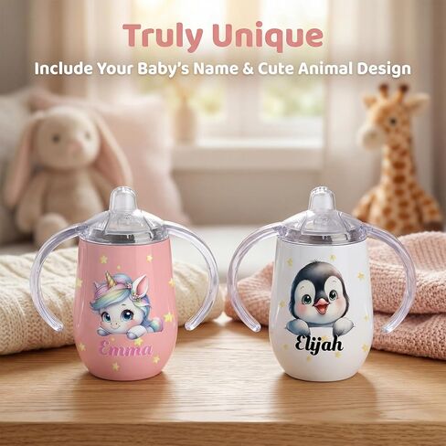 Personalized Insulated Sippy Cup for Toddlers, Custom Cute Animal and Name, Baby's First Straw Cup, Training Cup with Handle, BPA Free, 6m+, 10 oz/300ml, Birthday Baby Shower Xmas Gifts in Kuwait