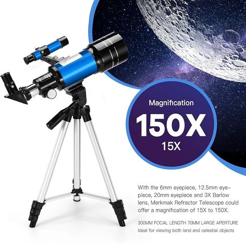 Telescope Astronomy, 70mm Aperture Refractor Telescopes for Astronomy Beginners, Portable Travel Telescope with Phone Adapter & Wireless Remote in Kuwait