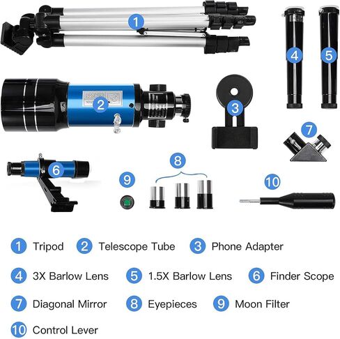 Telescope Astronomy, 70mm Aperture Refractor Telescopes for Astronomy Beginners, Portable Travel Telescope with Phone Adapter & Wireless Remote in Kuwait