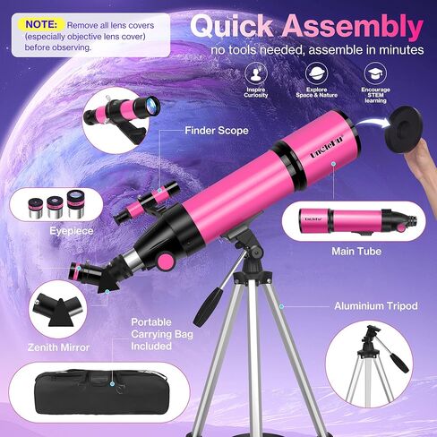 Unclehu 80mm Aperture, 600mm Refractor Travel Telescope for Adults and Kids | High Power,Telescope with AZ Tripod, Phone Adapter and Carry Bag for Moon Viewing, Nature, Camping and Family Stargazing in Kuwait