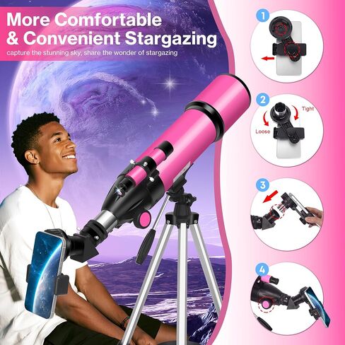 Unclehu 80mm Aperture, 600mm Refractor Travel Telescope for Adults and Kids | High Power,Telescope with AZ Tripod, Phone Adapter and Carry Bag for Moon Viewing, Nature, Camping and Family Stargazing in Kuwait