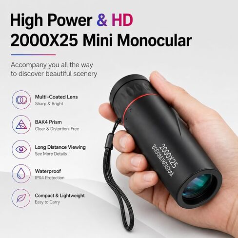 Mini Monocular Telescope with Phone Adapter, 25X Magnification Portable Single Tube for Hiking, Bird Watching, Stargazing, and Outdoor Adventures in Kuwait