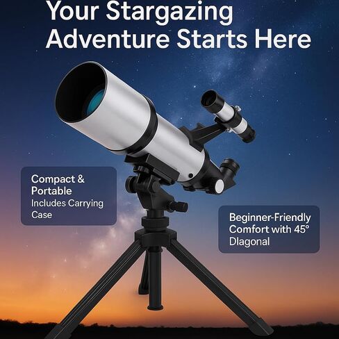 Barska Starwatcher Astronomical Refractor Telescope 300x Magnification for Beginners & Kids with Barlow Lens, 2 Interchangeable Eyepieces, Finder Scope, Table Top Tripod in Kuwait