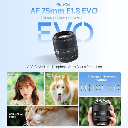 VILTROX 75mm F1.8 EVO X Mount Lens, AF 75mm f/1.8 APS-C Lens for Fujifilm X Mirrorless Cameras, Portrait Telephoto Prime Autofocus Lens for X-A7 X-E3 X-E4 X-E5 X-H1 X-M1 X-Pro2 X-Pro3 X-S10 X-T2 X-T3 in Kuwait