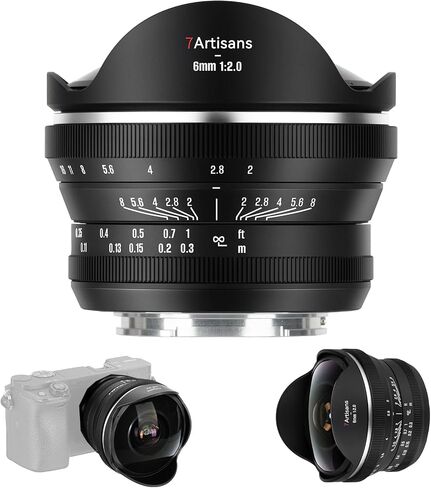 7artisans 6mm F2.0 Fisheye APS-C Lens,220° Diagonal Ultra-Wide Angle Prime Lens for Action Sports Vlogging Architecture Interior Creative Photography (for Fuji X Mount) in Kuwait