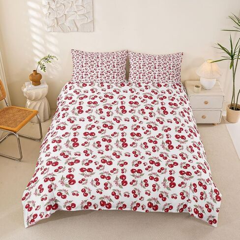Manfei Cute Bowknot Cherry Duvet Cover Set,Preppy Comforter Cover Toddler Size Rustic Style 2 Pcs Bedding Set with Zipper Ties for Kids Boys Girls Bedroom Decor(No Comforter),Red Cherry in Kuwait