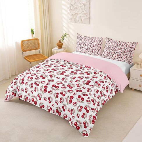 Manfei Cute Bowknot Cherry Duvet Cover Set,Preppy Comforter Cover Toddler Size Rustic Style 2 Pcs Bedding Set with Zipper Ties for Kids Boys Girls Bedroom Decor(No Comforter),Red Cherry in Kuwait