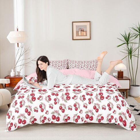 Manfei Cute Bowknot Cherry Duvet Cover Set,Preppy Comforter Cover Toddler Size Rustic Style 2 Pcs Bedding Set with Zipper Ties for Kids Boys Girls Bedroom Decor(No Comforter),Red Cherry in Kuwait