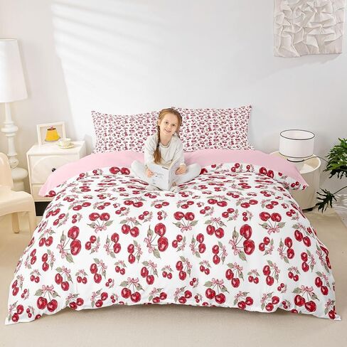 Manfei Cute Bowknot Cherry Duvet Cover Set,Preppy Comforter Cover Toddler Size Rustic Style 2 Pcs Bedding Set with Zipper Ties for Kids Boys Girls Bedroom Decor(No Comforter),Red Cherry in Kuwait