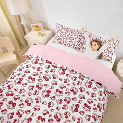 Manfei Cute Bowknot Cherry Duvet Cover Set,Preppy Comforter Cover Toddler Size Rustic Style 2 Pcs Bedding Set with Zipper Ties for Kids Boys Girls Bedroom Decor(No Comforter),Red Cherry in Kuwait
