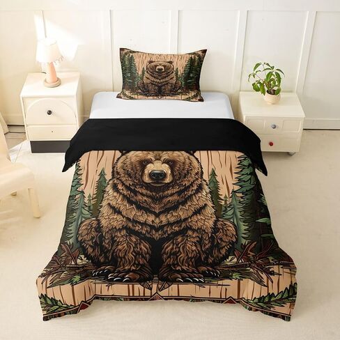 Feelyou Bear Duvet Cover Toddler Size Rustic Woodland Farmhouse Bedding Set for Boys Girls Western Wildlife Animal Comforter Cover Bedroom Decor 2Pcs Zipper Closure with 1 Pillowcase (No Comforter) in Kuwait
