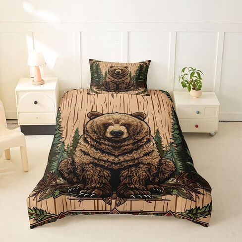 Feelyou Bear Duvet Cover Toddler Size Rustic Woodland Farmhouse Bedding Set for Boys Girls Western Wildlife Animal Comforter Cover Bedroom Decor 2Pcs Zipper Closure with 1 Pillowcase (No Comforter) in Kuwait