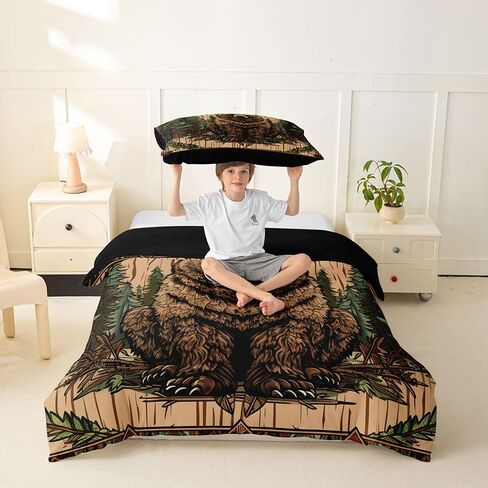 Feelyou Bear Duvet Cover Toddler Size Rustic Woodland Farmhouse Bedding Set for Boys Girls Western Wildlife Animal Comforter Cover Bedroom Decor 2Pcs Zipper Closure with 1 Pillowcase (No Comforter) in Kuwait