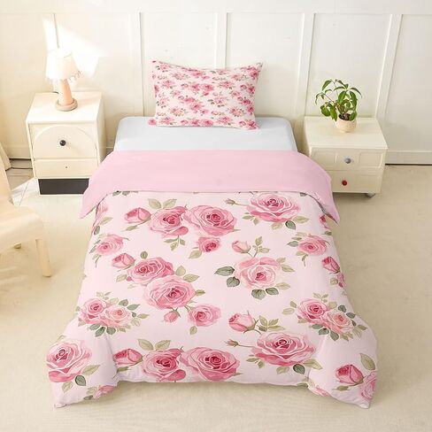 Feelyou Pink Flowers Pattern Printed Duvet Cover Toddler Size Romantic Rose Floral Bedding Set for Boys Girls Spring Natural Theme Comforter Cover Bedroom Decor 2Pcs with 1 Pillowcase (No Comforter) in Kuwait