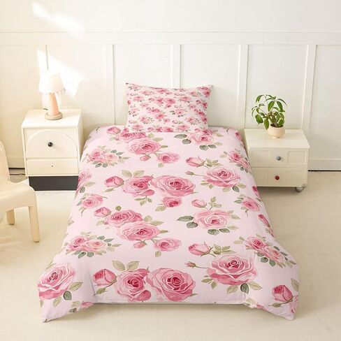 Feelyou Pink Flowers Pattern Printed Duvet Cover Toddler Size Romantic Rose Floral Bedding Set for Boys Girls Spring Natural Theme Comforter Cover Bedroom Decor 2Pcs with 1 Pillowcase (No Comforter) in Kuwait