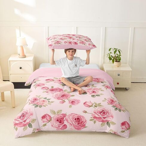 Feelyou Pink Flowers Pattern Printed Duvet Cover Toddler Size Romantic Rose Floral Bedding Set for Boys Girls Spring Natural Theme Comforter Cover Bedroom Decor 2Pcs with 1 Pillowcase (No Comforter) in Kuwait