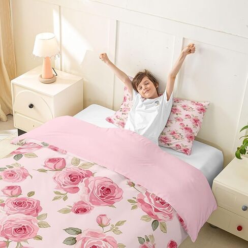 Feelyou Pink Flowers Pattern Printed Duvet Cover Toddler Size Romantic Rose Floral Bedding Set for Boys Girls Spring Natural Theme Comforter Cover Bedroom Decor 2Pcs with 1 Pillowcase (No Comforter) in Kuwait