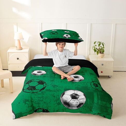 Feelyou 3D Soccer Duvet Cover Toddler Size Football Green Bedding Set for Boys Girls Gaming Sports Theme Comforter Cover Bedroom Decor 2Pcs Zipper Closure with 1 Pillowcase (No Comforter) in Kuwait
