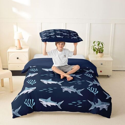 Feelyou Sharks Duvet Cover Toddler Size Ocean Sea Animals Bedding Set for Boys Girls Fish Comforter Cover Bedroom Decor 2Pcs Zipper Closure with 1 Pillowcase (No Comforter) in Kuwait
