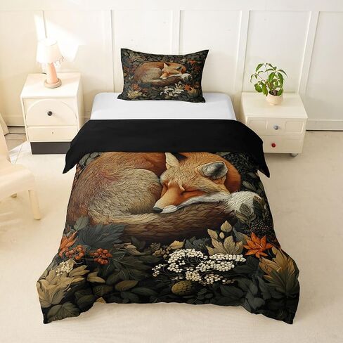 Erosebridal Forest Fox Toddler Duvet Cover for Kids - Vintage Oil Painting Fox Animal Bedding Set Boho Retro Botanical Comforter Cover,Whimsical Cottagecore Style Bed Set in Kuwait