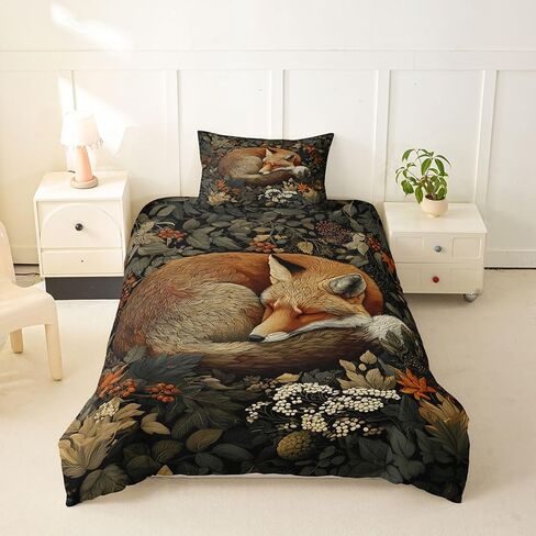 Erosebridal Forest Fox Toddler Duvet Cover for Kids - Vintage Oil Painting Fox Animal Bedding Set Boho Retro Botanical Comforter Cover,Whimsical Cottagecore Style Bed Set in Kuwait