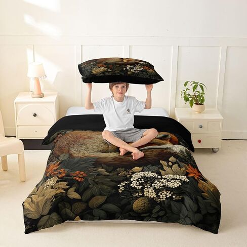 Erosebridal Forest Fox Toddler Duvet Cover for Kids - Vintage Oil Painting Fox Animal Bedding Set Boho Retro Botanical Comforter Cover,Whimsical Cottagecore Style Bed Set in Kuwait
