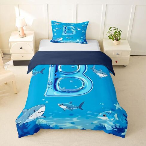 Feelyou Cartoon Shark Duvet Cover Toddler Size Cute Fish Bedding Set for Boys Girls Personalized Initial Alphabet Letter B Comforter Cover Bedroom Decor 2Pcs with 1 Pillowcase (No Comforter) in Kuwait