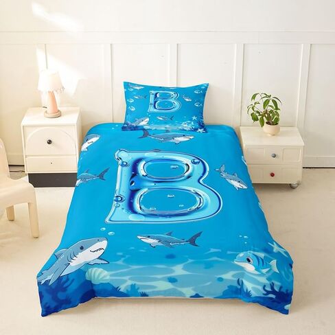 Feelyou Cartoon Shark Duvet Cover Toddler Size Cute Fish Bedding Set for Boys Girls Personalized Initial Alphabet Letter B Comforter Cover Bedroom Decor 2Pcs with 1 Pillowcase (No Comforter) in Kuwait