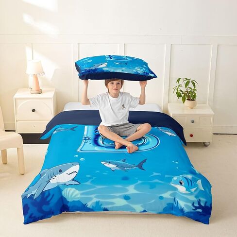 Feelyou Cartoon Shark Duvet Cover Toddler Size Cute Fish Bedding Set for Boys Girls Personalized Initial Alphabet Letter B Comforter Cover Bedroom Decor 2Pcs with 1 Pillowcase (No Comforter) in Kuwait