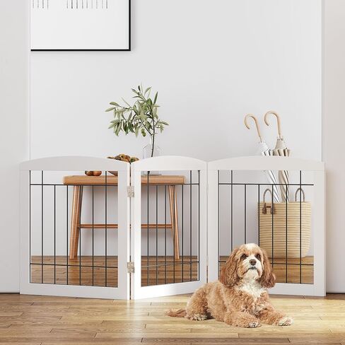 PAWLAND Free Standing Dog Gates for Doorway, Stair, Indoor, Foldable, 24" H | Wooden Small Puppy Pet Gate, Step Over Fence for the House, 60" Wide, Front Door, Kitchen, Living Room, 3 Panels,White in Kuwait