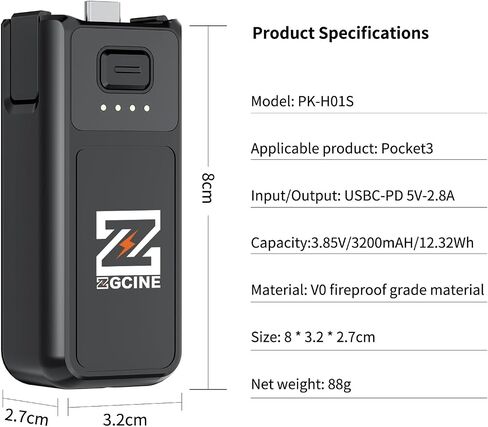 EACHSHOT Osmo Pocket 3/4 Battery Handle, ZGCINE PK-H01S 12.32Wh 3200mAH 3.85V Mini Pocket3/4 Battery Handle Replaced,Fast Charging,Reserved 1/4"Thread,Charge and Stop Anytime in Kuwait