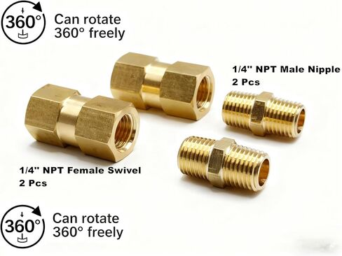 2-Pack Brass 1/4'' NPT 360 degree Swivel Air Hose Line Female Coupling Adapter with 1/4 inch MNPT Nipple Fittings for Air Compressor Pipe System in Kuwait