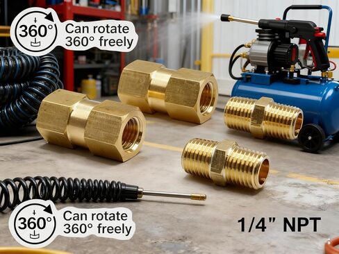 2-Pack Brass 1/4'' NPT 360 degree Swivel Air Hose Line Female Coupling Adapter with 1/4 inch MNPT Nipple Fittings for Air Compressor Pipe System in Kuwait