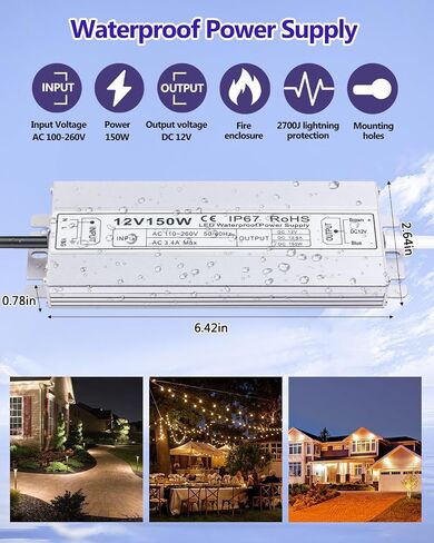 Idealy 150W 12V DC LED Power Supply, IP67 Waterproof Low Voltage Transformer LED Driver Adapter, 100-260V AC to 12V DC Converter for LED Strips, Outdoor Lights, CCTV Cameras & More in Kuwait