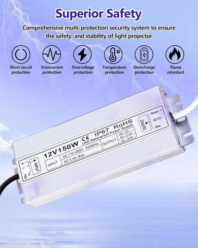 Idealy 150W 12V DC LED Power Supply, IP67 Waterproof Low Voltage Transformer LED Driver Adapter, 100-260V AC to 12V DC Converter for LED Strips, Outdoor Lights, CCTV Cameras & More in Kuwait