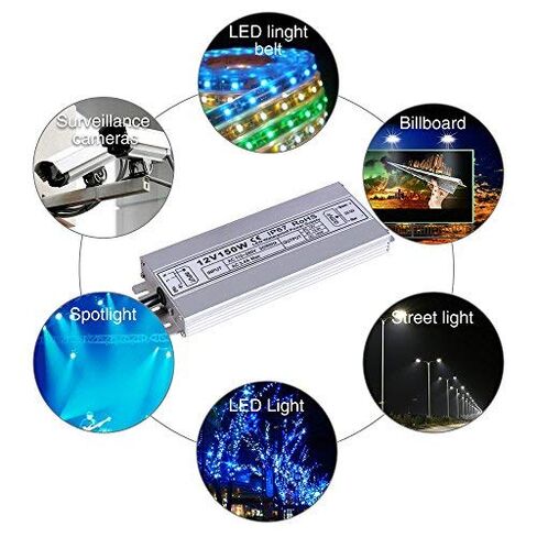 Idealy 150W 12V DC LED Power Supply, IP67 Waterproof Low Voltage Transformer LED Driver Adapter, 100-260V AC to 12V DC Converter for LED Strips, Outdoor Lights, CCTV Cameras & More in Kuwait