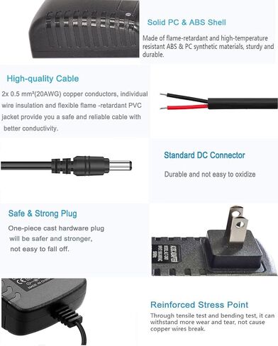 12V 2A Power Supply AC/DC Adapter, DC 12v Power Cord | 100-240V AC to DC 12 Volt Transformer, 5.5mm x 2.5mm DC Plug, For DC 12V LED Strip, Security CCTV Camera in Kuwait