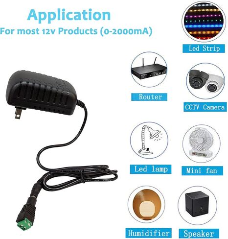 12V 2A Power Supply AC/DC Adapter, DC 12v Power Cord | 100-240V AC to DC 12 Volt Transformer, 5.5mm x 2.5mm DC Plug, For DC 12V LED Strip, Security CCTV Camera in Kuwait