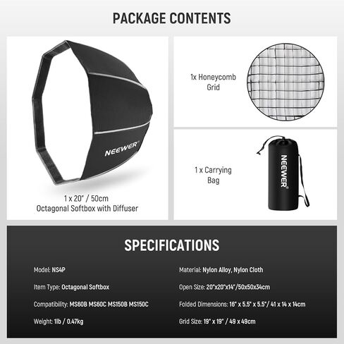 NEEWER Octagonal Softbox 50 cm mit NEEWER Mount(Not Bowens Mount),Octabox Softbox Folding & Quick Installation mit Honeycomb Light Diffuser für MS60 MS60B MS60C MS150B LED Video Studio Light, NS4P in Kuwait