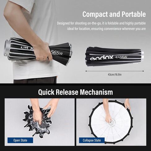 Godox Softbox 105cm/41.3" White Inner Godox S105W Bowens Mount Softbox with Diffuser & Carry Case Quick-Setup Durable Softbox, Compact for Photography Shooting/Continous Light/Strobe Flash/Portrait in Kuwait