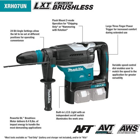 Makita XRH07PTUN 18V X2 LXT® Lithium-Ion (36V) Brushless Cordless 1-9/16" Advanced AVT® Rotary Hammer Kit, SDS-MAX, AFT®, AWS™ (5.0Ah) | 36V Lithium-Ion, SDS-MAX, Advanced AVT, AFT, AWS™ 5.0Ah in Kuwait
