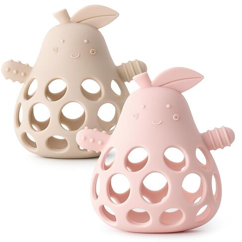 Baby Teething Toy Silicone Teether for Infants, Pear-Shaped Design with Easy-Grip Hole and Nipple-Shaped Ends for Gum Massage & Sensory Development, BPA-Free Safe Baby Chew Toy YIVEKO-Ivory+Blush in Kuwait