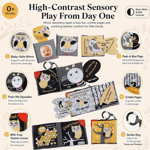 High Contrast Baby Book, Crinkle Books for Babies, Newborn Infant Toys 0-3, 0-6, 6-12 Months, Touch & Feel Black and White Soft Book, Tummy Time Mirror Toy, Teething,Baby Shower, Gifts Boys Girls-Owl in Kuwait