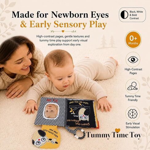 High Contrast Baby Book, Crinkle Books for Babies, Newborn Infant Toys 0-3, 0-6, 6-12 Months, Touch & Feel Black and White Soft Book, Tummy Time Mirror Toy, Teething,Baby Shower, Gifts Boys Girls-Owl in Kuwait