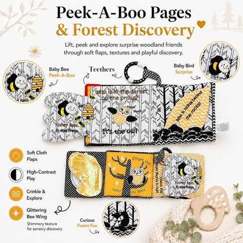 High Contrast Baby Book, Crinkle Books for Babies, Newborn Infant Toys 0-3, 0-6, 6-12 Months, Touch & Feel Black and White Soft Book, Tummy Time Mirror Toy, Teething,Baby Shower, Gifts Boys Girls-Owl in Kuwait