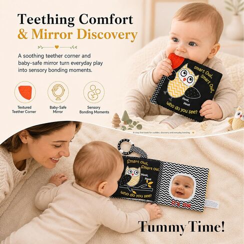 High Contrast Baby Book, Crinkle Books for Babies, Newborn Infant Toys 0-3, 0-6, 6-12 Months, Touch & Feel Black and White Soft Book, Tummy Time Mirror Toy, Teething,Baby Shower, Gifts Boys Girls-Owl in Kuwait
