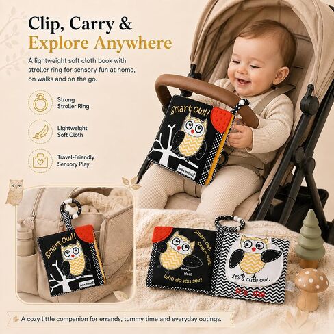High Contrast Baby Book, Crinkle Books for Babies, Newborn Infant Toys 0-3, 0-6, 6-12 Months, Touch & Feel Black and White Soft Book, Tummy Time Mirror Toy, Teething,Baby Shower, Gifts Boys Girls-Owl in Kuwait