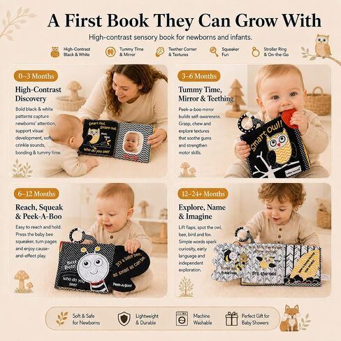 High Contrast Baby Book, Crinkle Books for Babies, Newborn Infant Toys 0-3, 0-6, 6-12 Months, Touch & Feel Black and White Soft Book, Tummy Time Mirror Toy, Teething,Baby Shower, Gifts Boys Girls-Owl in Kuwait