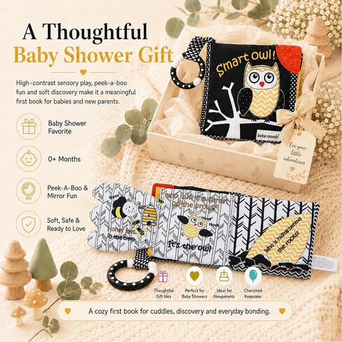 High Contrast Baby Book, Crinkle Books for Babies, Newborn Infant Toys 0-3, 0-6, 6-12 Months, Touch & Feel Black and White Soft Book, Tummy Time Mirror Toy, Teething,Baby Shower, Gifts Boys Girls-Owl in Kuwait